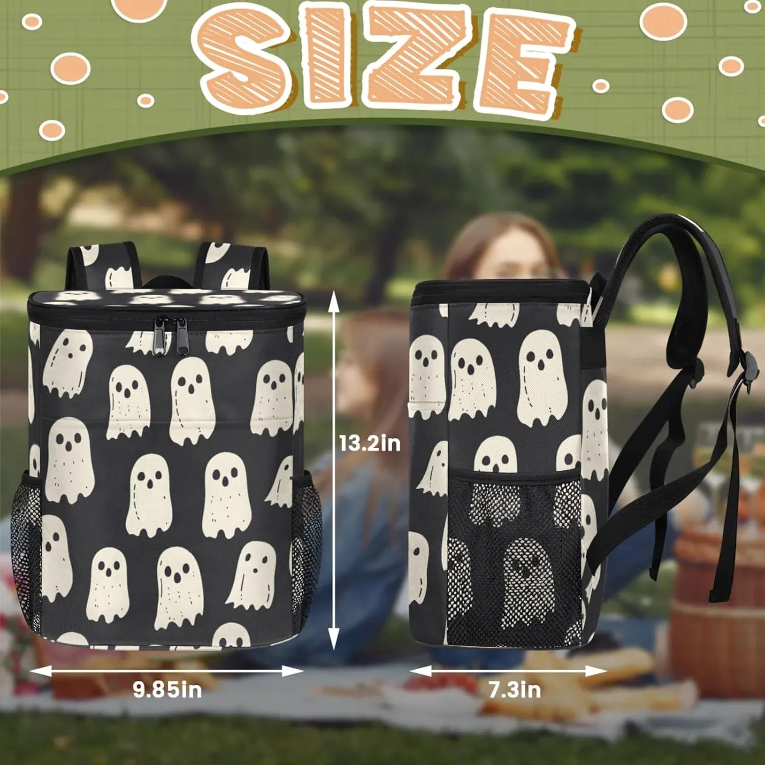 20-Hour Insulated Backpack Cooler Halloween Ghosts Bats Leakproof Cooler Bag Portable Cooler Backpack