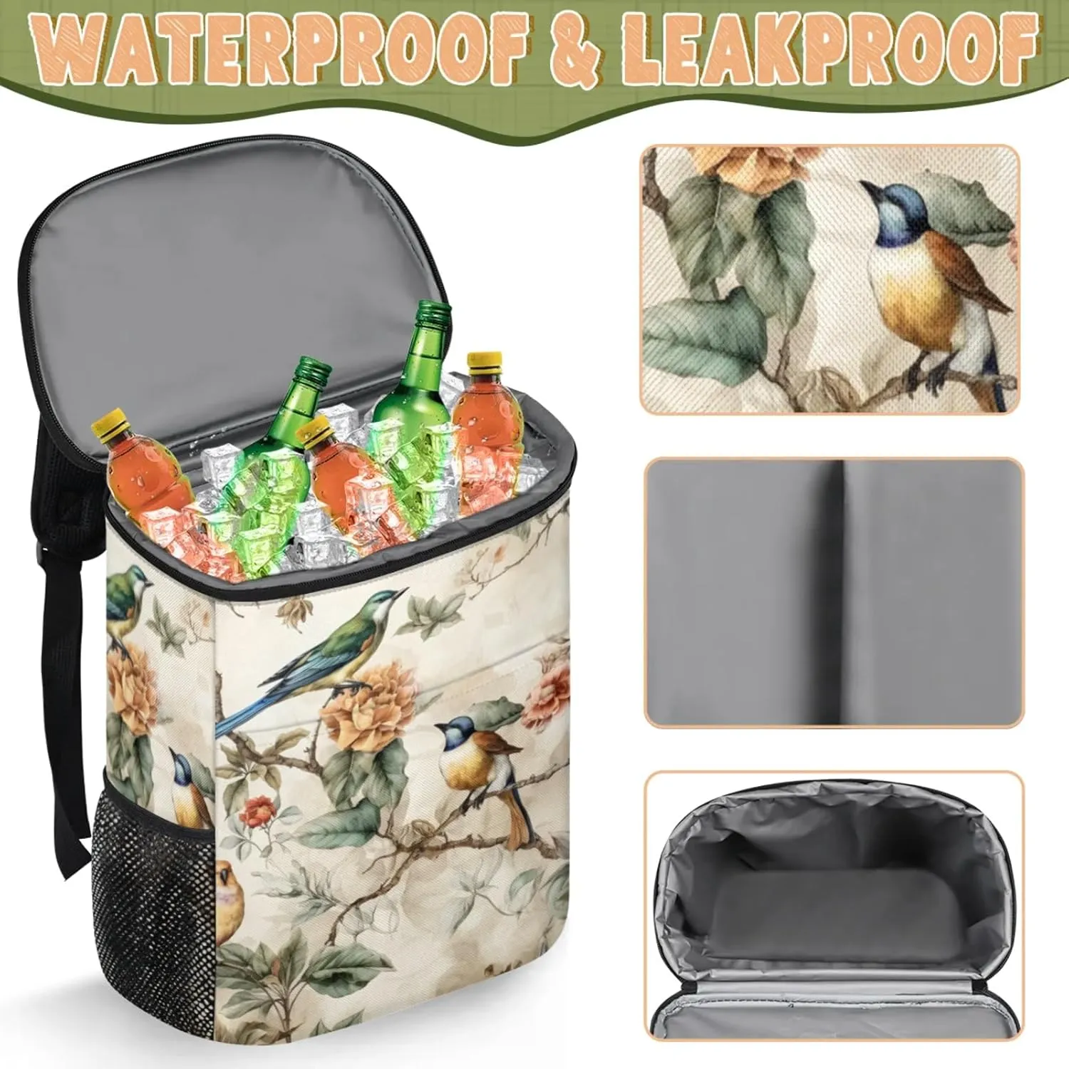 20-Hour Insulated Backpack Cooler Waves Abstract Leakproof Cooler Bag Portable Cooler Backpack