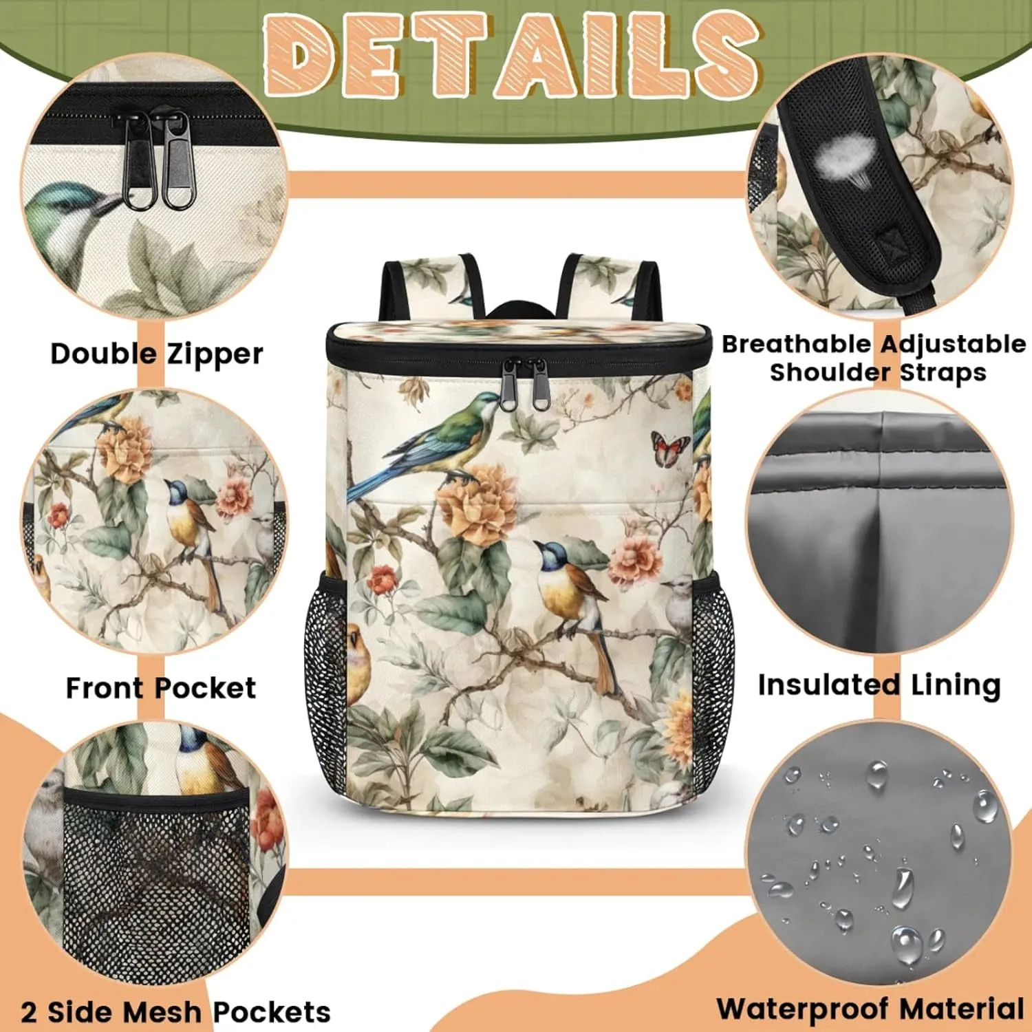 20-Hour Insulated Backpack Cooler Waves Abstract Leakproof Cooler Bag Portable Cooler Backpack