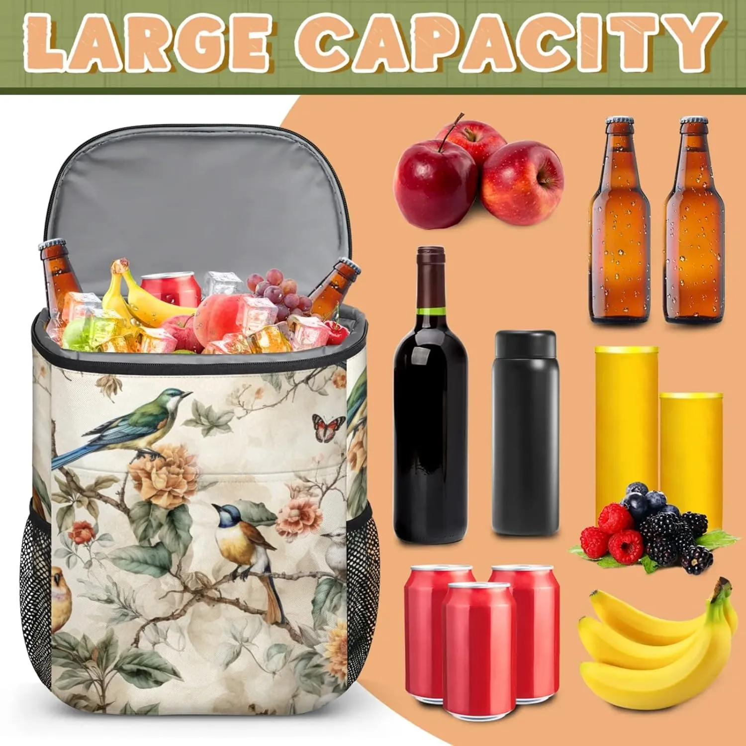 20-Hour Insulated Backpack Cooler Waves Abstract Leakproof Cooler Bag Portable Cooler Backpack