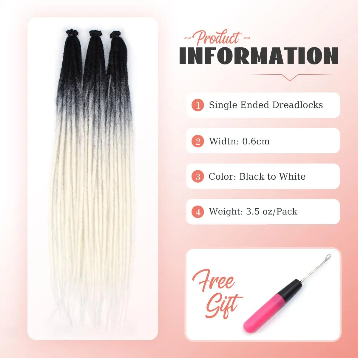 24 inch 30 pcs Dreadlock Extensions Single Ended, Black to White Thin 0.6cm Dreads Extensions, Synthetic Dreadlock Extensions Reggae Hippie Crochet Dreads for Women
