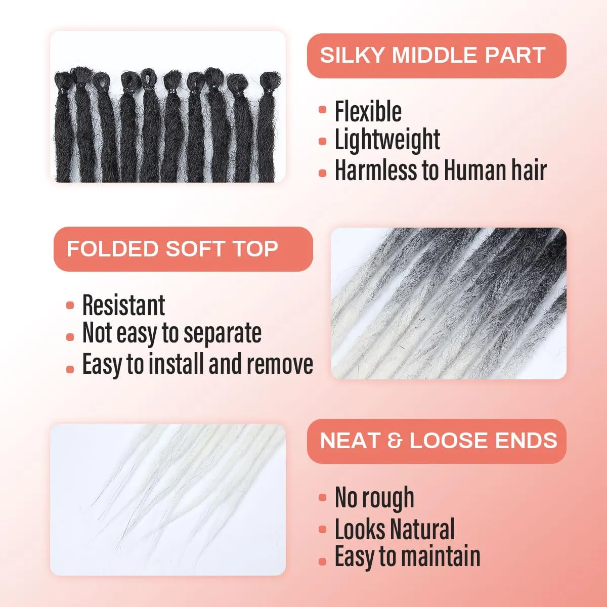 24 inch 30 pcs Dreadlock Extensions Single Ended, Black to White Thin 0.6cm Dreads Extensions, Synthetic Dreadlock Extensions Reggae Hippie Crochet Dreads for Women