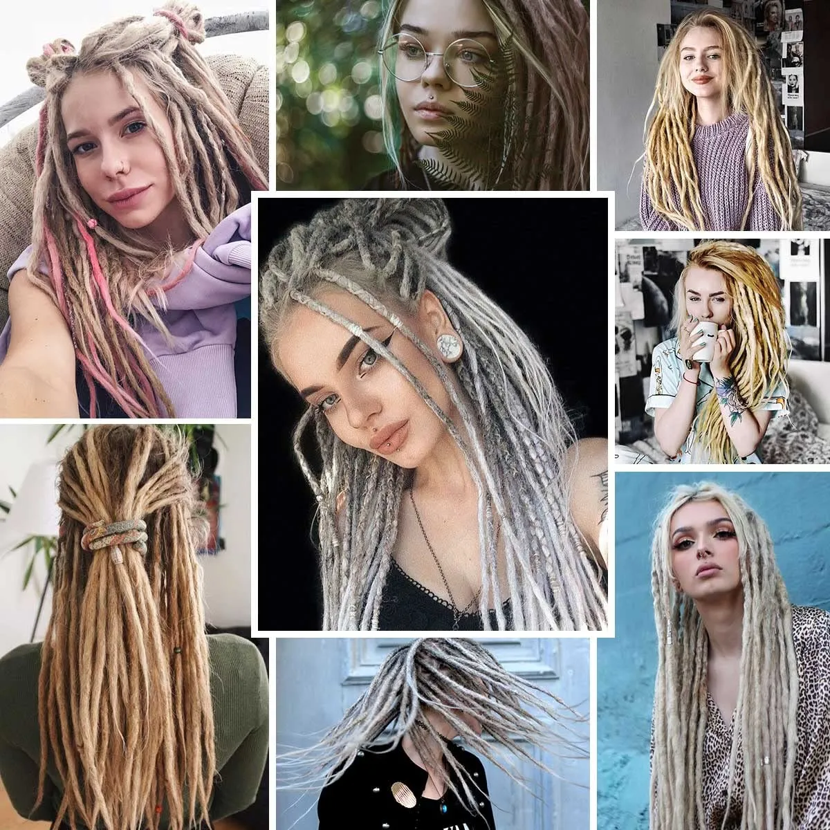 24 inch 30 pcs Dreadlock Extensions Single Ended, Black to White Thin 0.6cm Dreads Extensions, Synthetic Dreadlock Extensions Reggae Hippie Crochet Dreads for Women