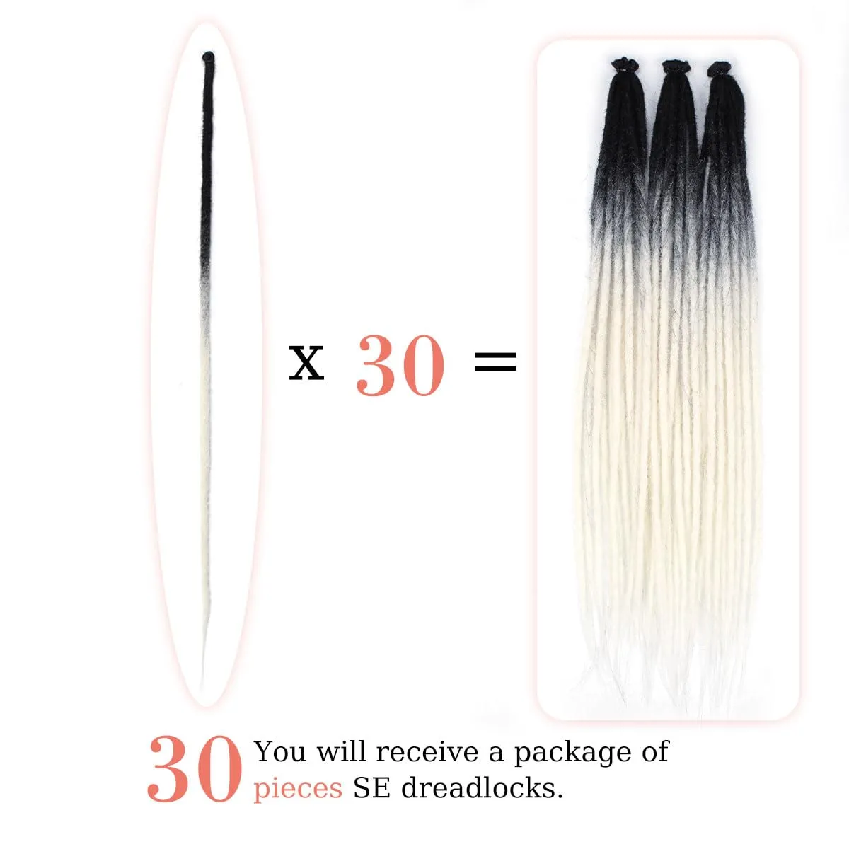 24 inch 30 pcs Dreadlock Extensions Single Ended, Black to White Thin 0.6cm Dreads Extensions, Synthetic Dreadlock Extensions Reggae Hippie Crochet Dreads for Women