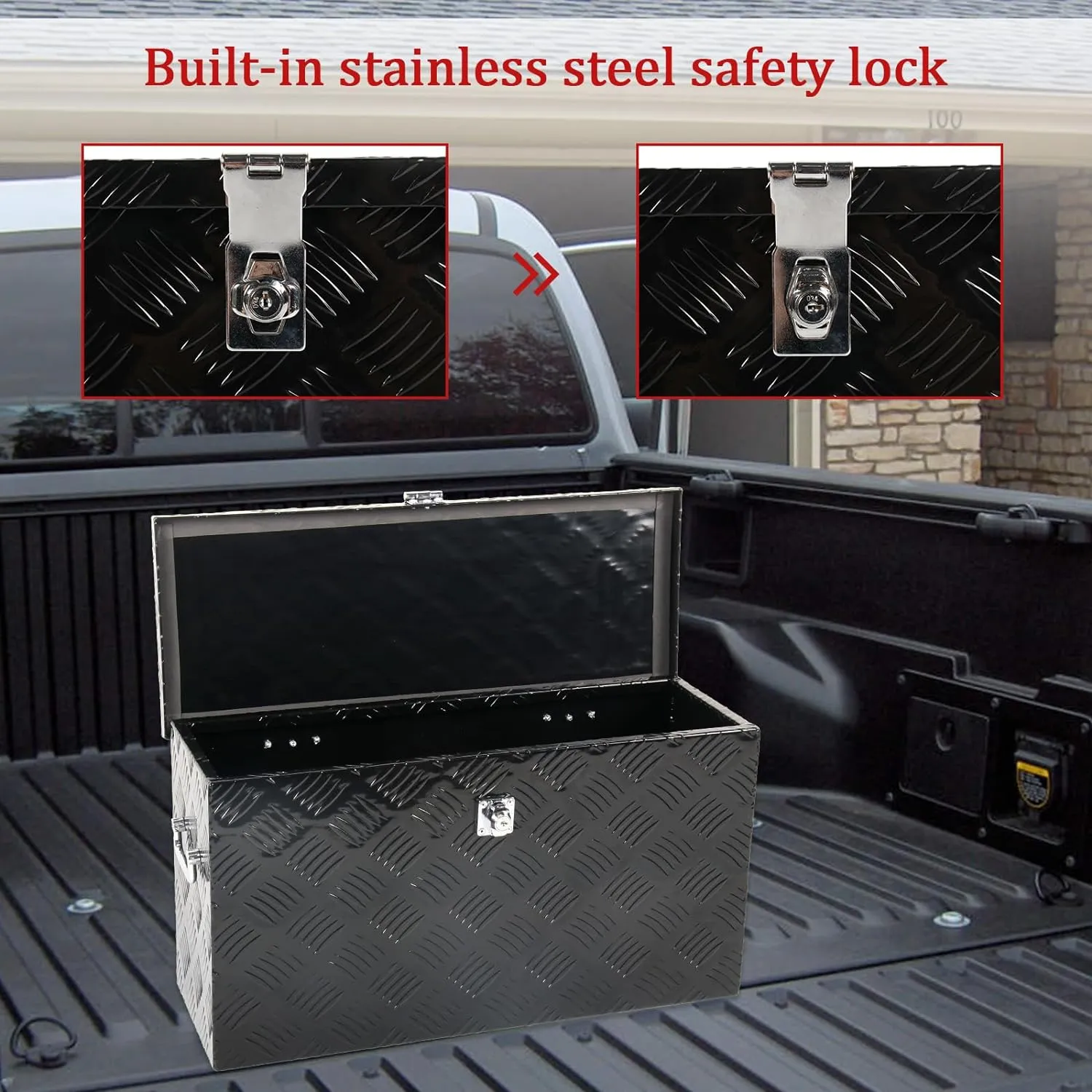 24'' Inch Stripes Plated ATV UTV Aluminum Tool Box Truck Bed Toolbox Waterproof Square Storage Organizer with Lock and Keys Black(‎24" L x 9.5" W x 12.5" H)