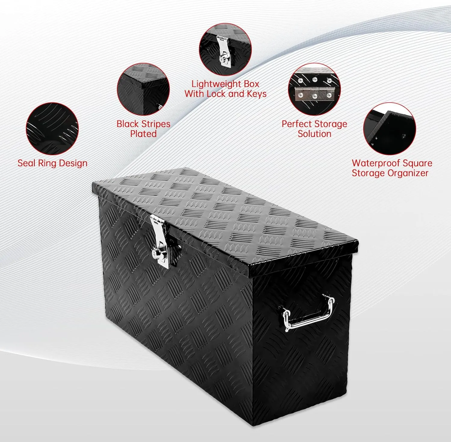 24'' Inch Stripes Plated ATV UTV Aluminum Tool Box Truck Bed Toolbox Waterproof Square Storage Organizer with Lock and Keys Black(‎24" L x 9.5" W x 12.5" H)