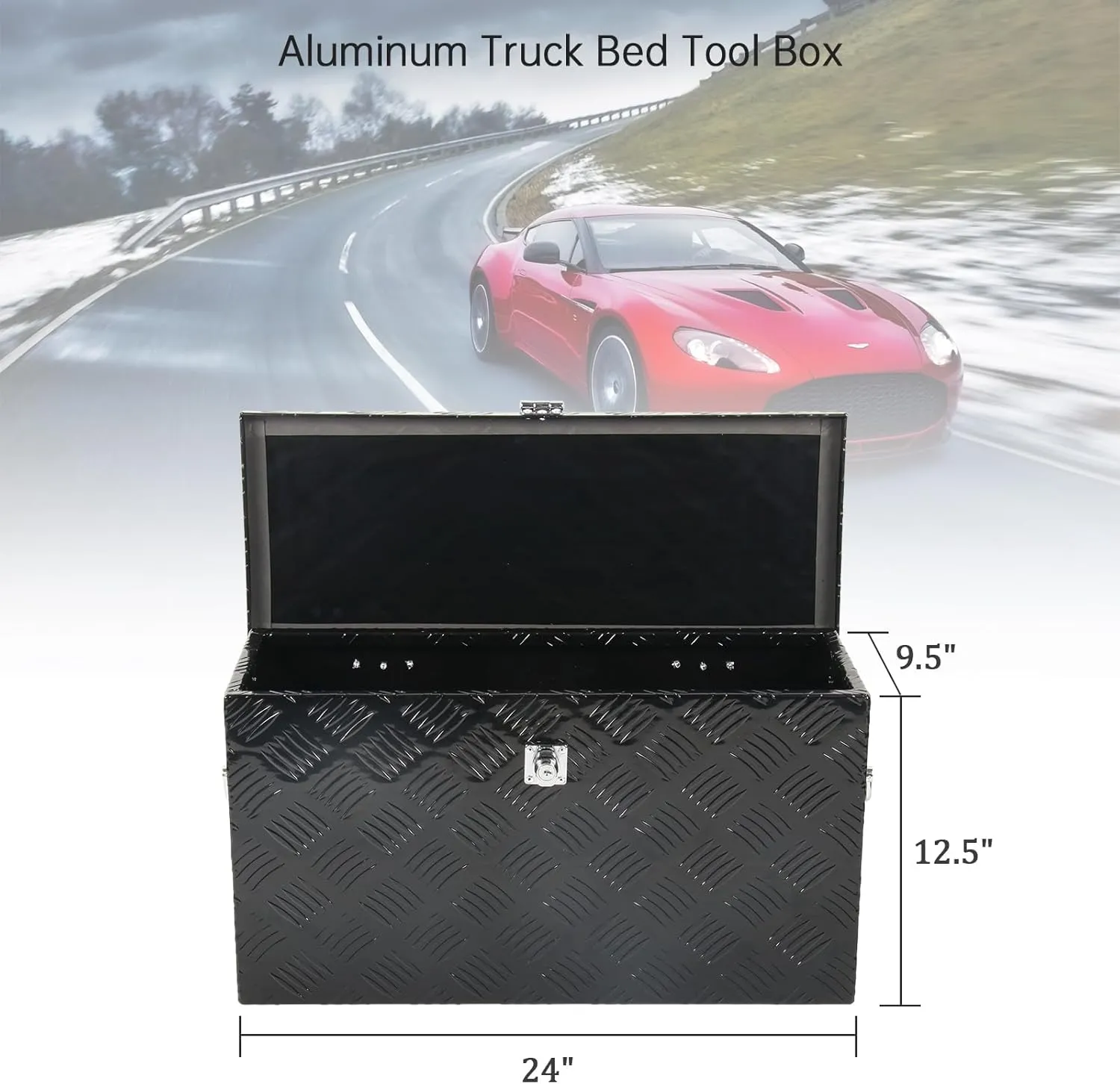 24'' Inch Stripes Plated ATV UTV Aluminum Tool Box Truck Bed Toolbox Waterproof Square Storage Organizer with Lock and Keys Black(‎24" L x 9.5" W x 12.5" H)