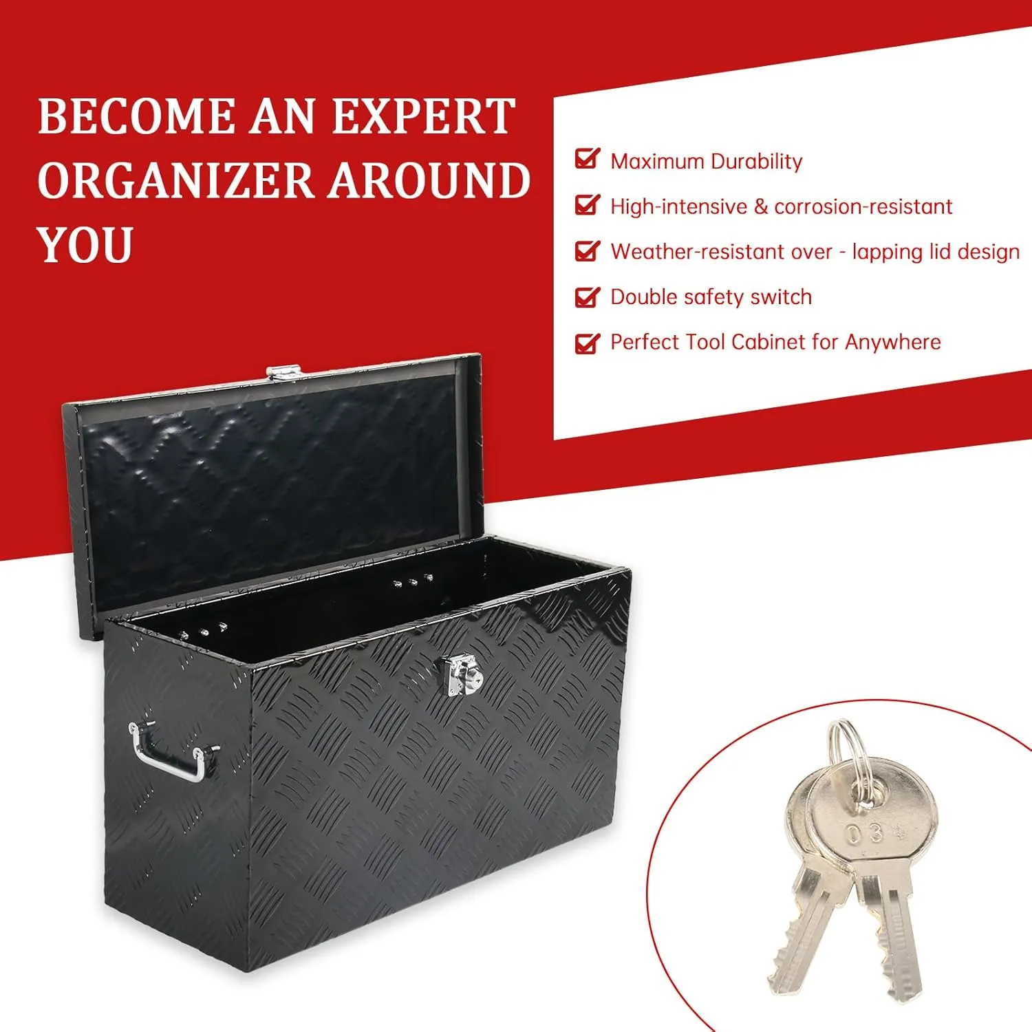24'' Inch Stripes Plated ATV UTV Aluminum Tool Box Truck Bed Toolbox Waterproof Square Storage Organizer with Lock and Keys Black(‎24" L x 9.5" W x 12.5" H)
