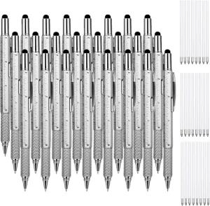 24 Pcs 6 in 1 Multitool Pen, Gifts for Men Fathers Day, Christmas Gifts for Men and 24 Pcs Blue Replacement Refills, Silver