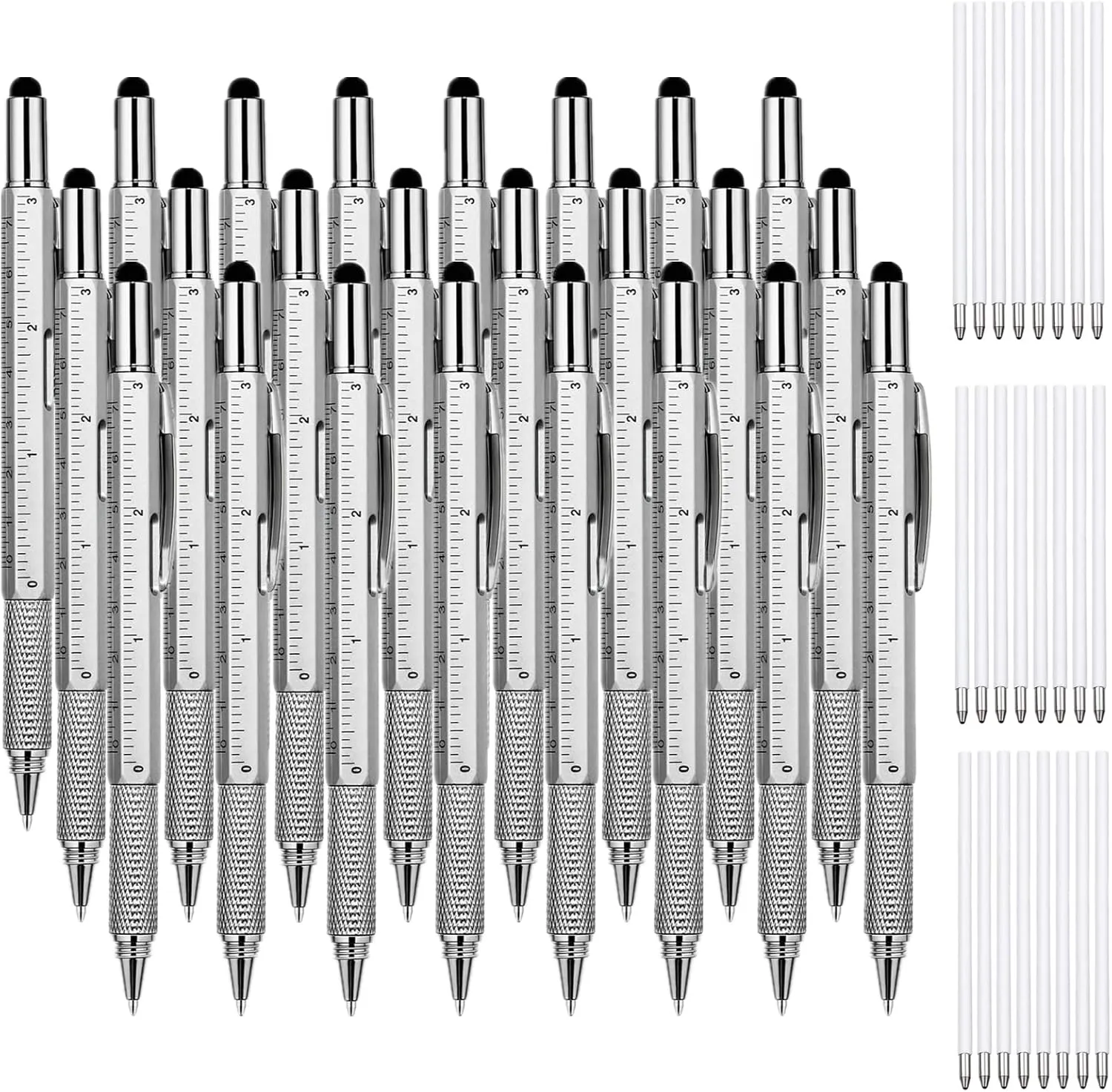 24 Pcs 6 in 1 Multitool Pen, Gifts for Men Fathers Day, Christmas Gifts for Men and 24 Pcs Blue Replacement Refills, Silver