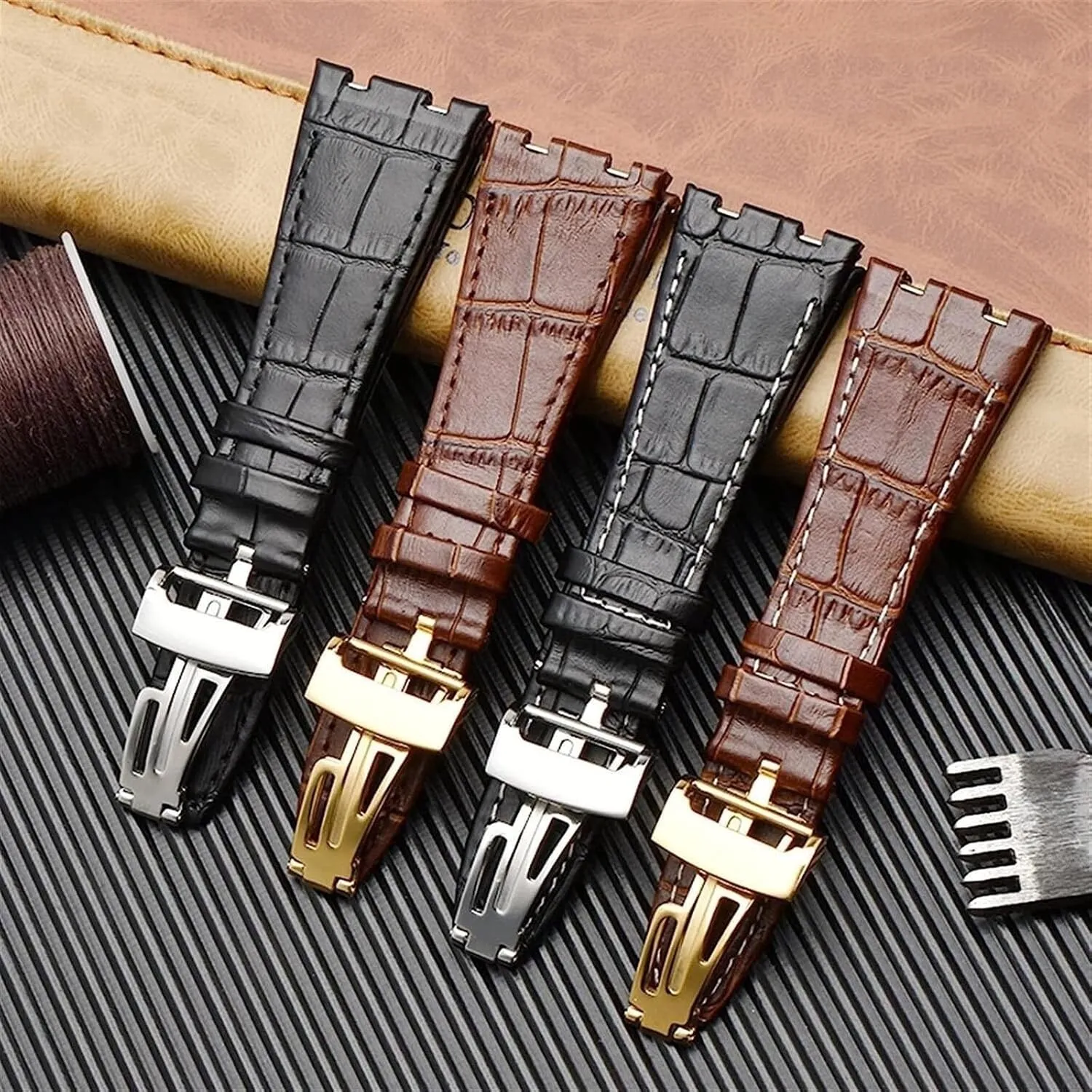26mm Genuine Leather Handmade Watch Band For AP 15400 Wrist Straps With Steel Deployment Buckle