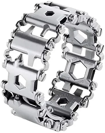 29 in 1 Multi Tool Bracelet Tread Bracelet Multifunction Tool Outdoor Bolt Driver Kits Travel Wearable Bike Multitool (Silver)