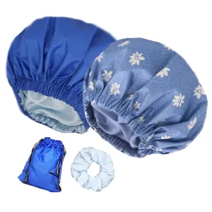 2Pcs Genergy Luxury Satin lined Shower Cap for Women Waterproof Adjustable Baths Bonnet Reusable Extra Large Double Layers and Reversible Elastic Bath Hair Shower Caps