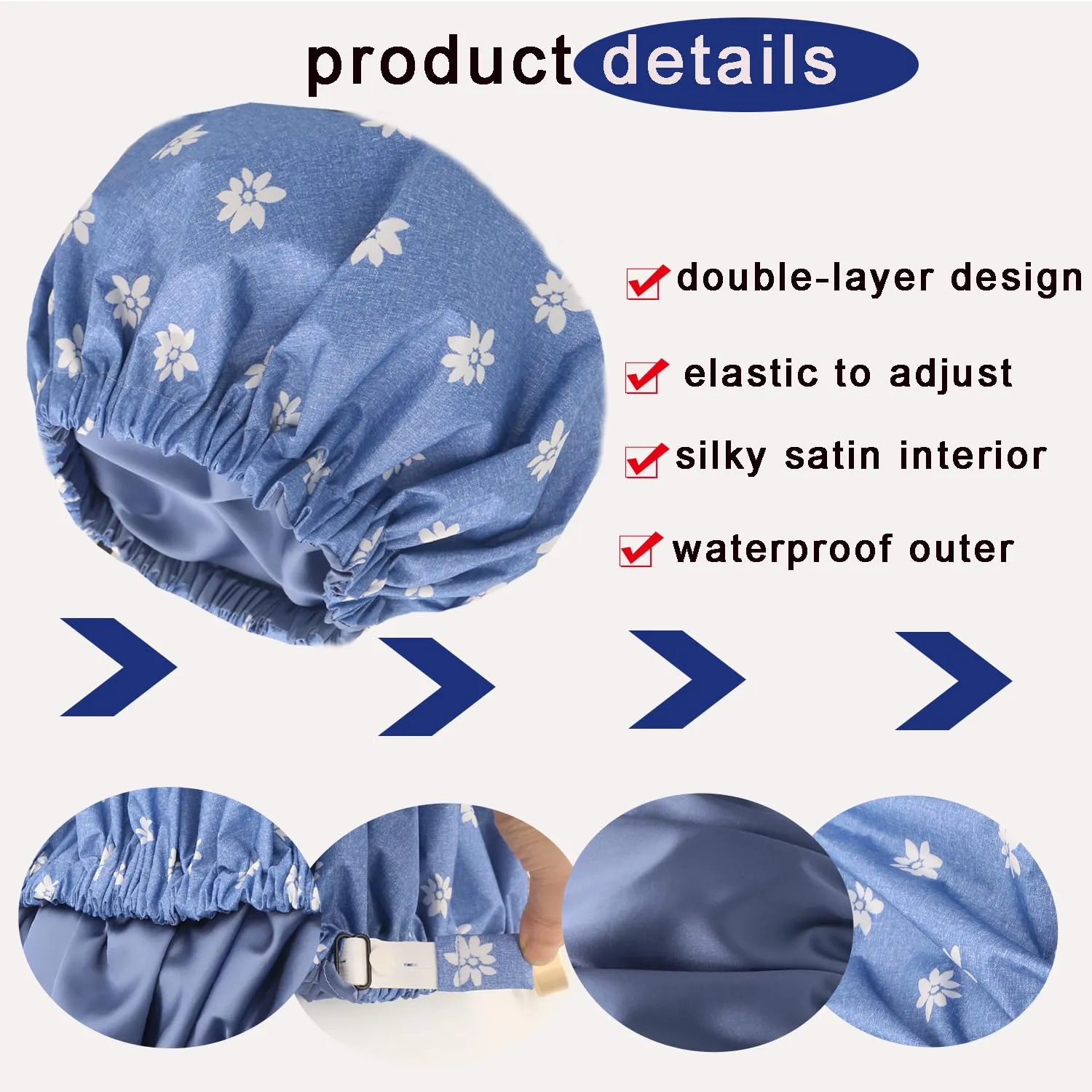 2Pcs Genergy Luxury Satin lined Shower Cap for Women Waterproof Adjustable Baths Bonnet Reusable Extra Large Double Layers and Reversible Elastic Bath Hair Shower Caps