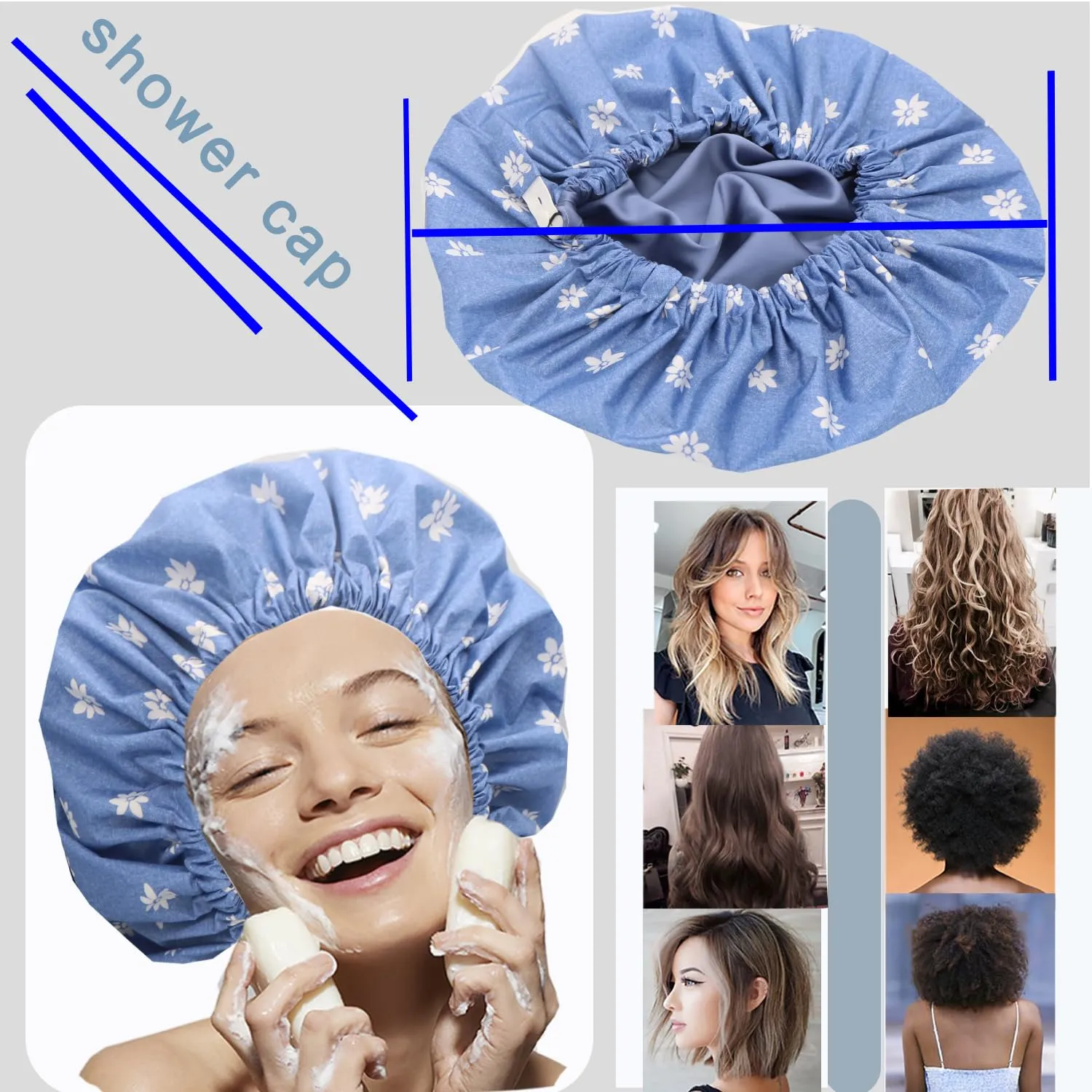 2Pcs Genergy Luxury Satin lined Shower Cap for Women Waterproof Adjustable Baths Bonnet Reusable Extra Large Double Layers and Reversible Elastic Bath Hair Shower Caps