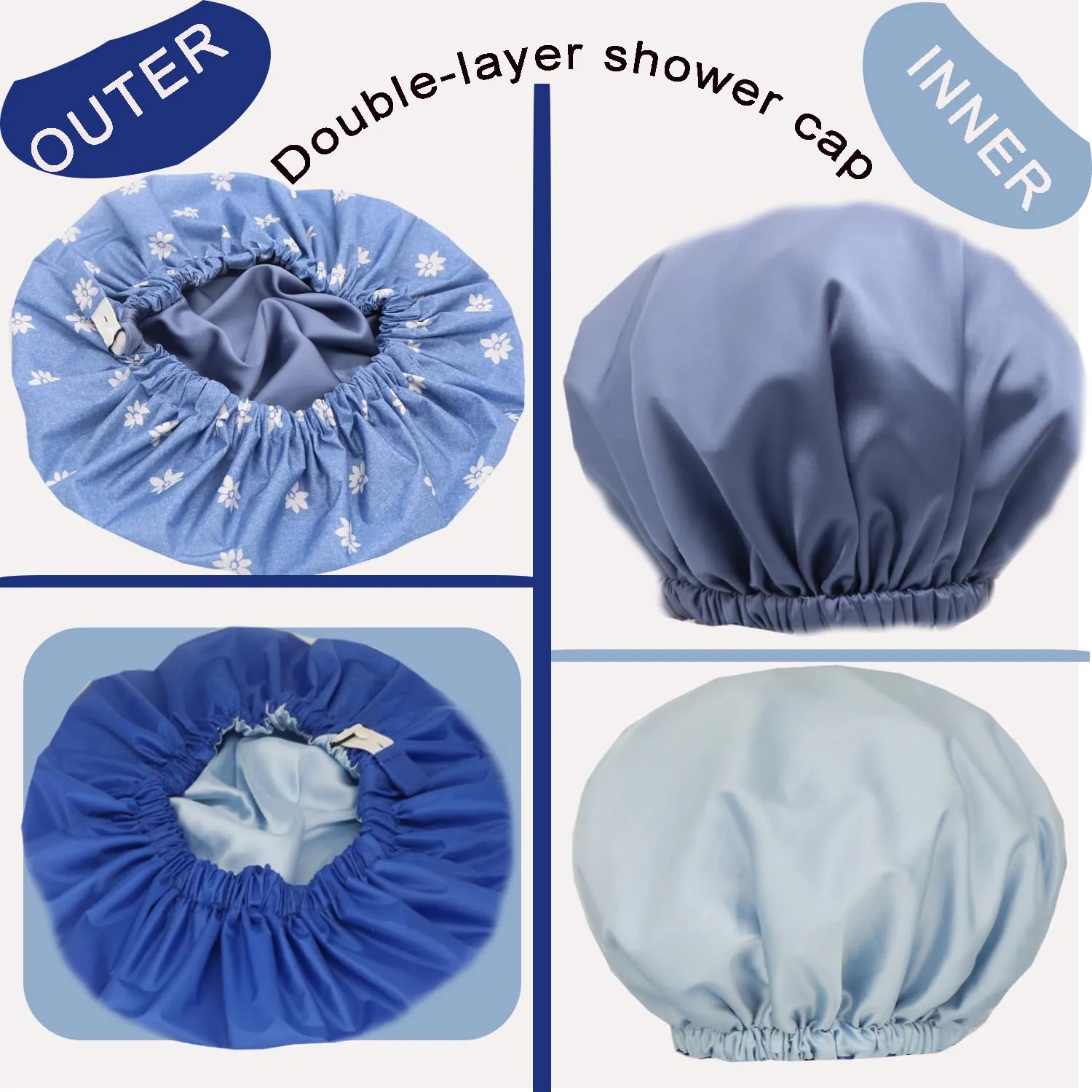 2Pcs Genergy Luxury Satin lined Shower Cap for Women Waterproof Adjustable Baths Bonnet Reusable Extra Large Double Layers and Reversible Elastic Bath Hair Shower Caps