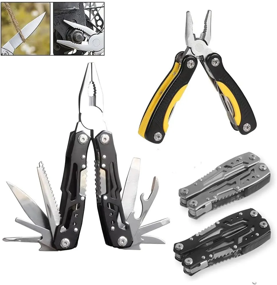 2Pcs,14-In-1 Multitool with Safety Locking, Professional Stainless Steel Multitool Pliers Pocket Knife, Bottle Opener, Screwdriver with Nylon Sheath (Multi-purpose pliers(Black&Yellow))