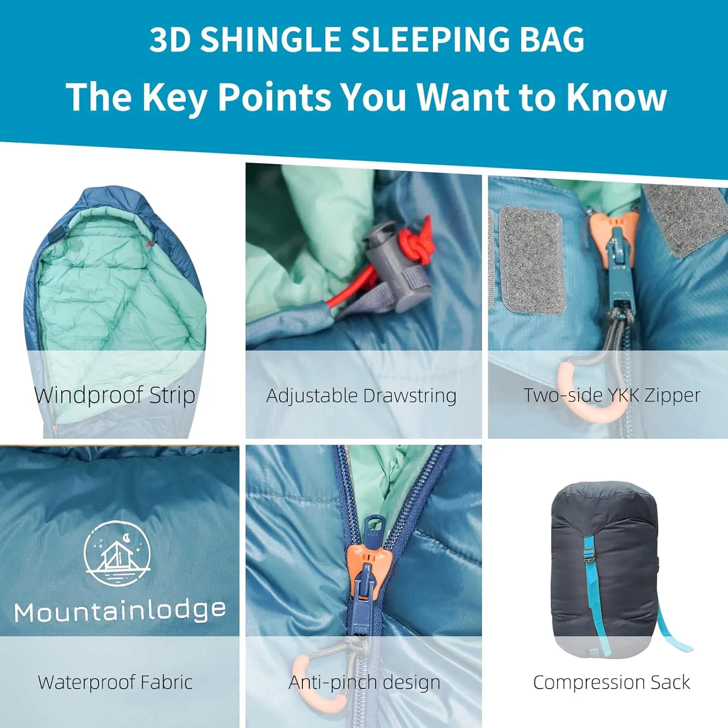 3-4 Seasons Cyan Two-Layer Shingle Sleeping Bag with Inner Pocket for Adult,Perfect for Backpacking,Traveling and Hiking,Including Free Compression Stuff Sack