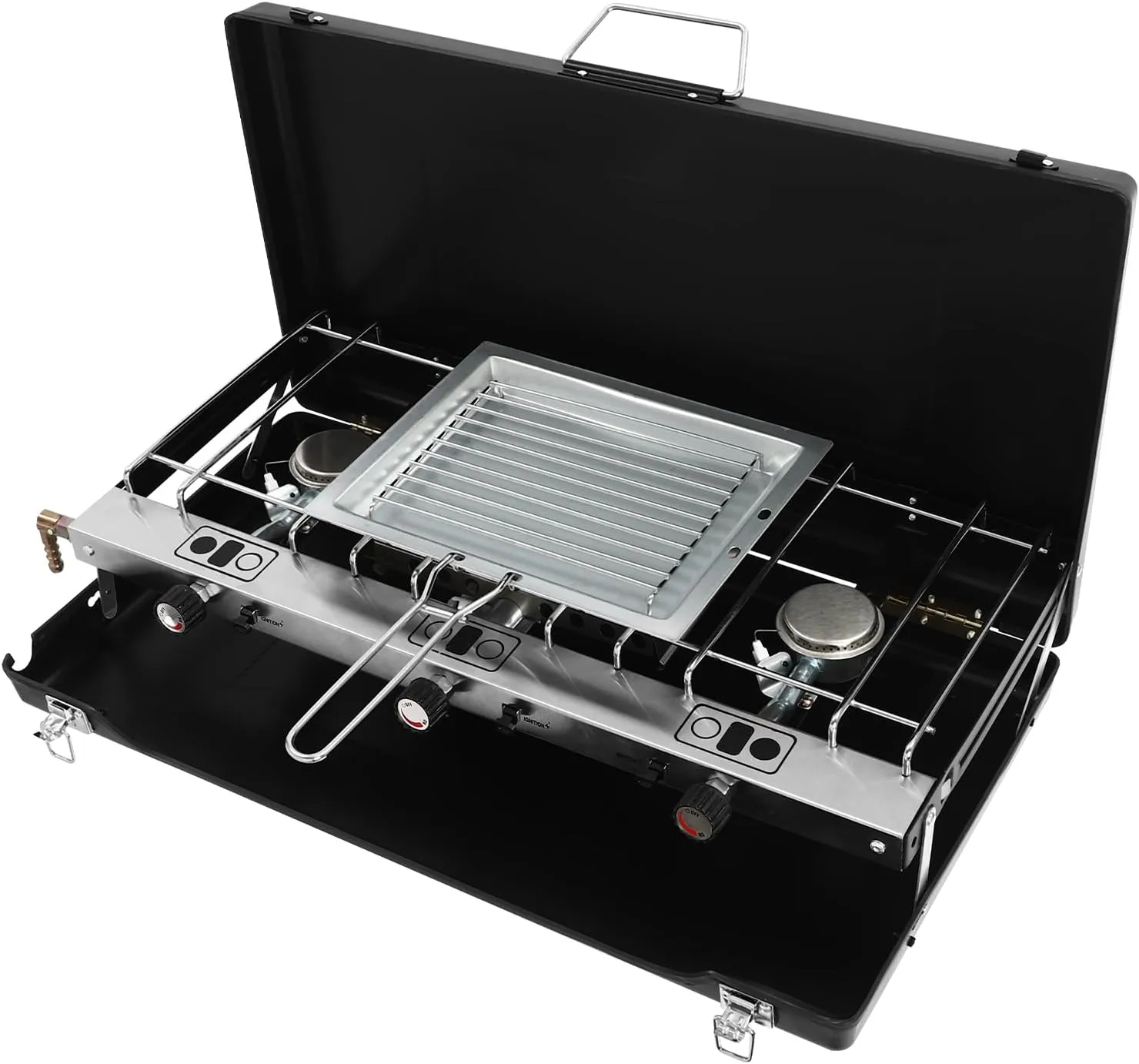 3-Burner Gas Camping Stove, Propane/Butane Camp Stove with Adjustable Burners and Wind Guards, Portable Camping Stoves for Outdoor Cooking, BBQ, Picnic
