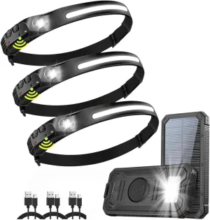 3-Pack LED Headlamp Rechargeable with 20,000mAh Powerbank, IPX4 Waterproof, 270° Wide Beam, 350 Lumens, Motion Sensor, 6 Modes, 8hr Battery Life, Head Lamp for Camping, Hiking & Industrial Use