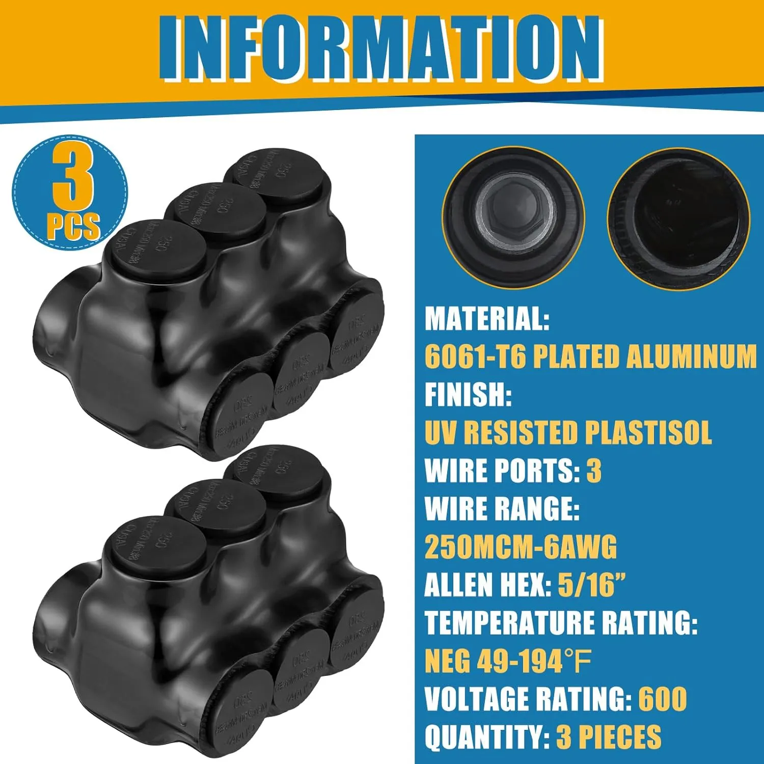 3 Pcs Black Multi Cable Connector, 3 Wire Ports Connectors, Dual Sided Entry, Pre Filled with Oxide Inhibitor for Cooper and Aluminum (3.11'' x 2.37'' x 2'')