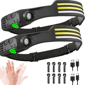 3 Strip Lamp Headlamp Rechargeable 2PCS,10 Light Modes with Motion Sensor，Waterproof Flashlight for Adults Camping Essentials Running Lights, 230° Wide Beam All Perspectives LED Headlamp (2 Pack)