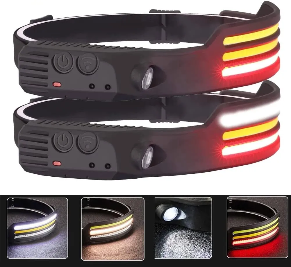3 Strip Lamp Headlamp Rechargeable 2PCS,10 Light Modes with Motion Sensor，Waterproof Flashlight for Adults Camping Essentials Running Lights, 230° Wide Beam All Perspectives LED Headlamp (2 Pack)