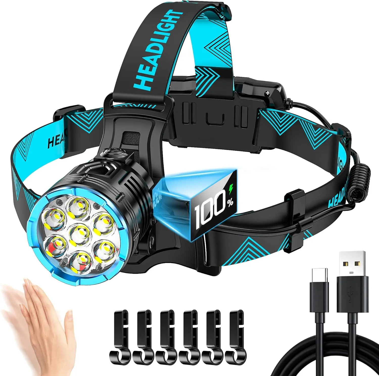 3000 Lux Red Light Lightweight Headlamp with 7 Modes Sensor, Long Time Head Lamp LED Rechargeable, Waterproof Head Lights for Forehead & 90° Adjustable Angle for Hardhat Camping Running Hiking