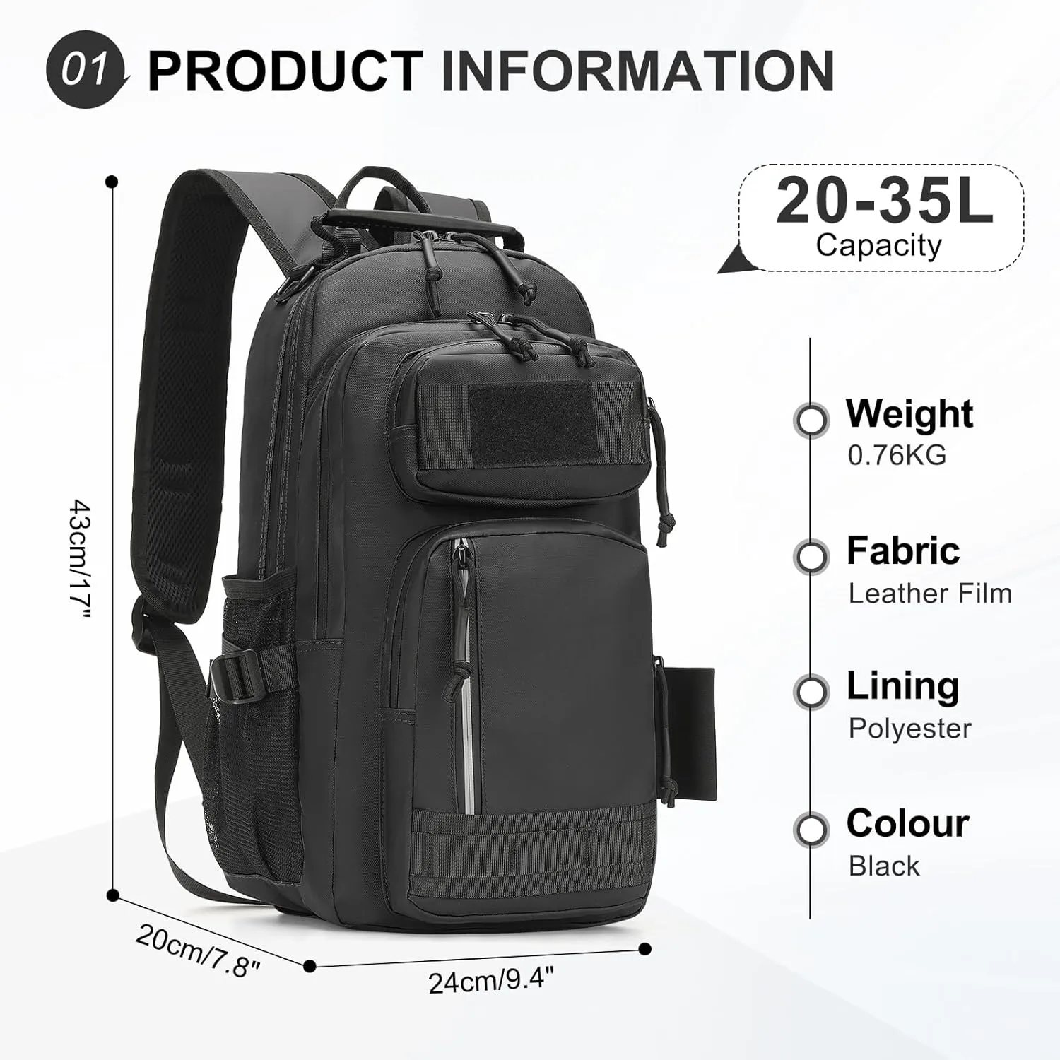 30L Hiking Backpack for Men, Waterproof Rucksack Every Day Carry Daypack Attachments Adapter Strap, Bookbag Leather Film for Camping Trekking Hunting Hiking, Black