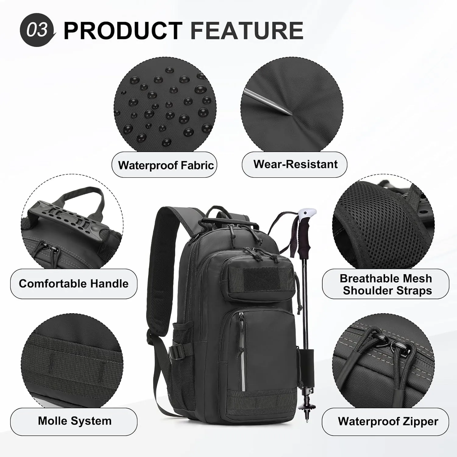 30L Hiking Backpack for Men, Waterproof Rucksack Every Day Carry Daypack Attachments Adapter Strap, Bookbag Leather Film for Camping Trekking Hunting Hiking, Black
