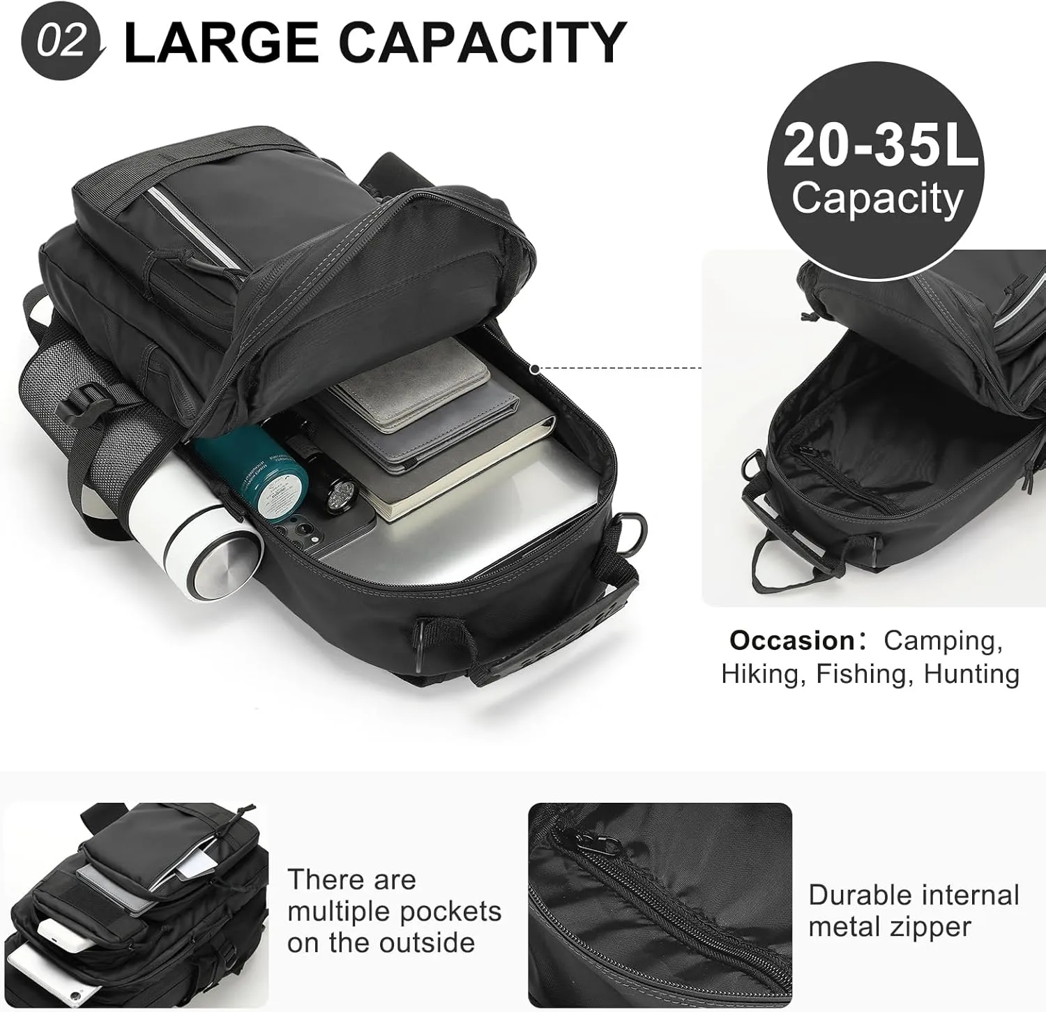 30L Hiking Backpack for Men, Waterproof Rucksack Every Day Carry Daypack Attachments Adapter Strap, Bookbag Leather Film for Camping Trekking Hunting Hiking, Black