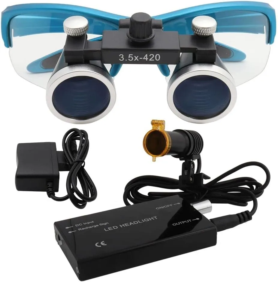 3.5X 420mm Binocular Loupes Headlight 5W Headlamp Medical Optical Glass Magnifier Medical Operation Loupe (Blue)