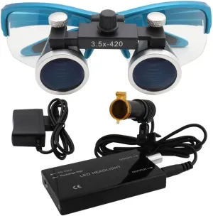3.5X 420mm Binocular Loupes Headlight 5W Headlamp Medical Optical Glass Magnifier Medical Operation Loupe (Blue)