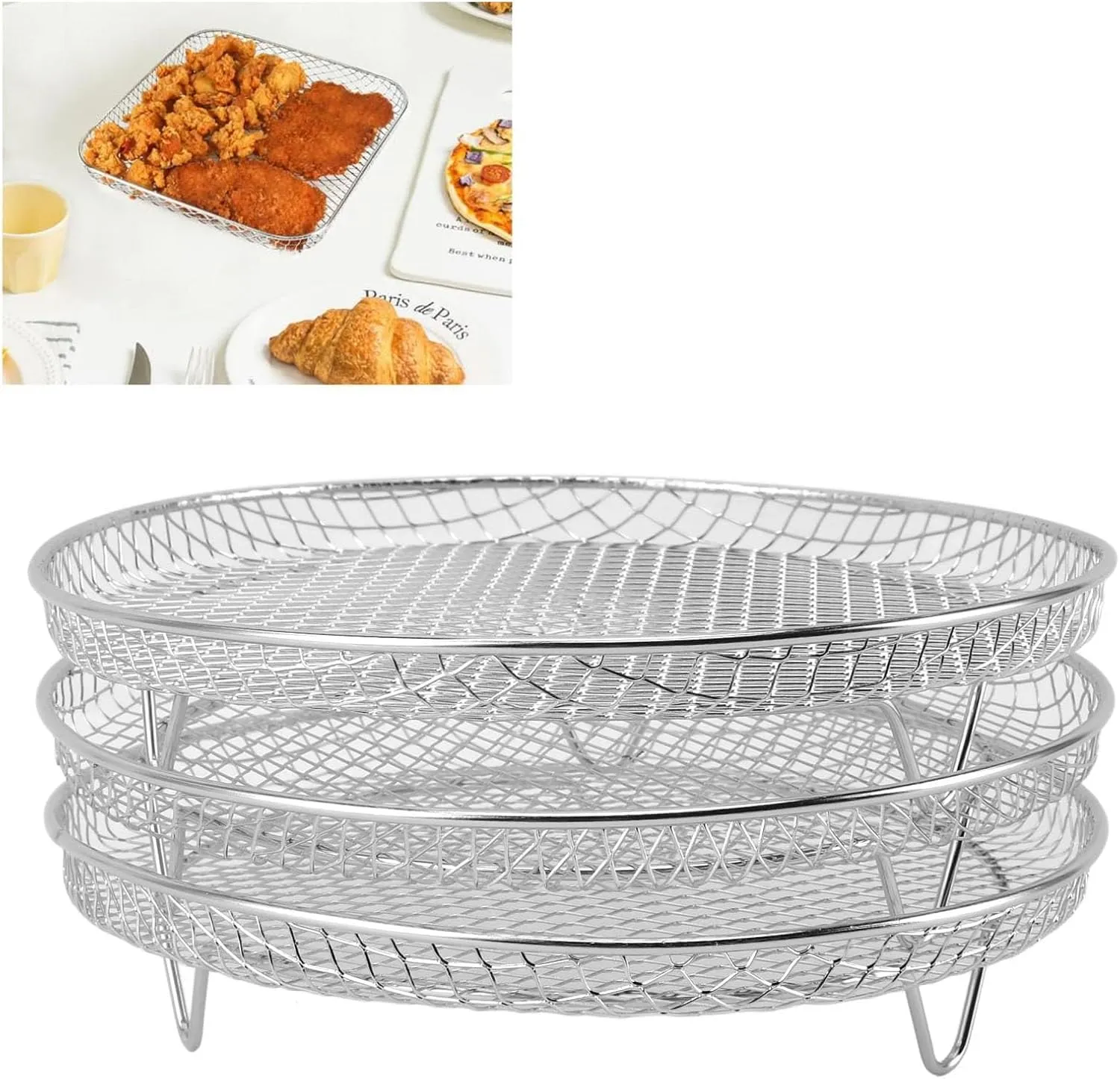 3PCS Fryer Rack Set, 304 Stainless Steel Stackable Multi Layer Dehydrator Rack 8 Inch Fryer Accessories with Great Airflow for Cosori, Grill AG300, AG400 (Round)