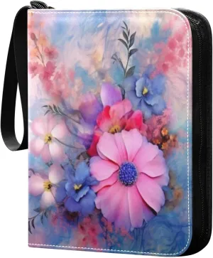 4 Pocket Card Binder with 50 Removable Sleeves Blooming Flowers Painting Trading Card Binder Collector Card Album for 400 Game Sports Cards