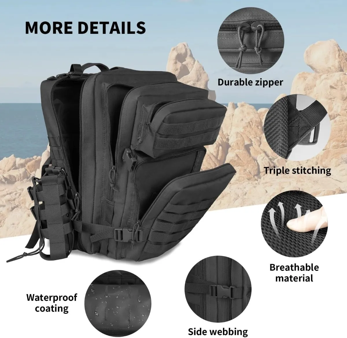 45L Large Tactical Backpack Molle System Durable Oxford Hiking Camping Backpack Air Cushion Belt Unisex Daypack (B096-BLACK)
