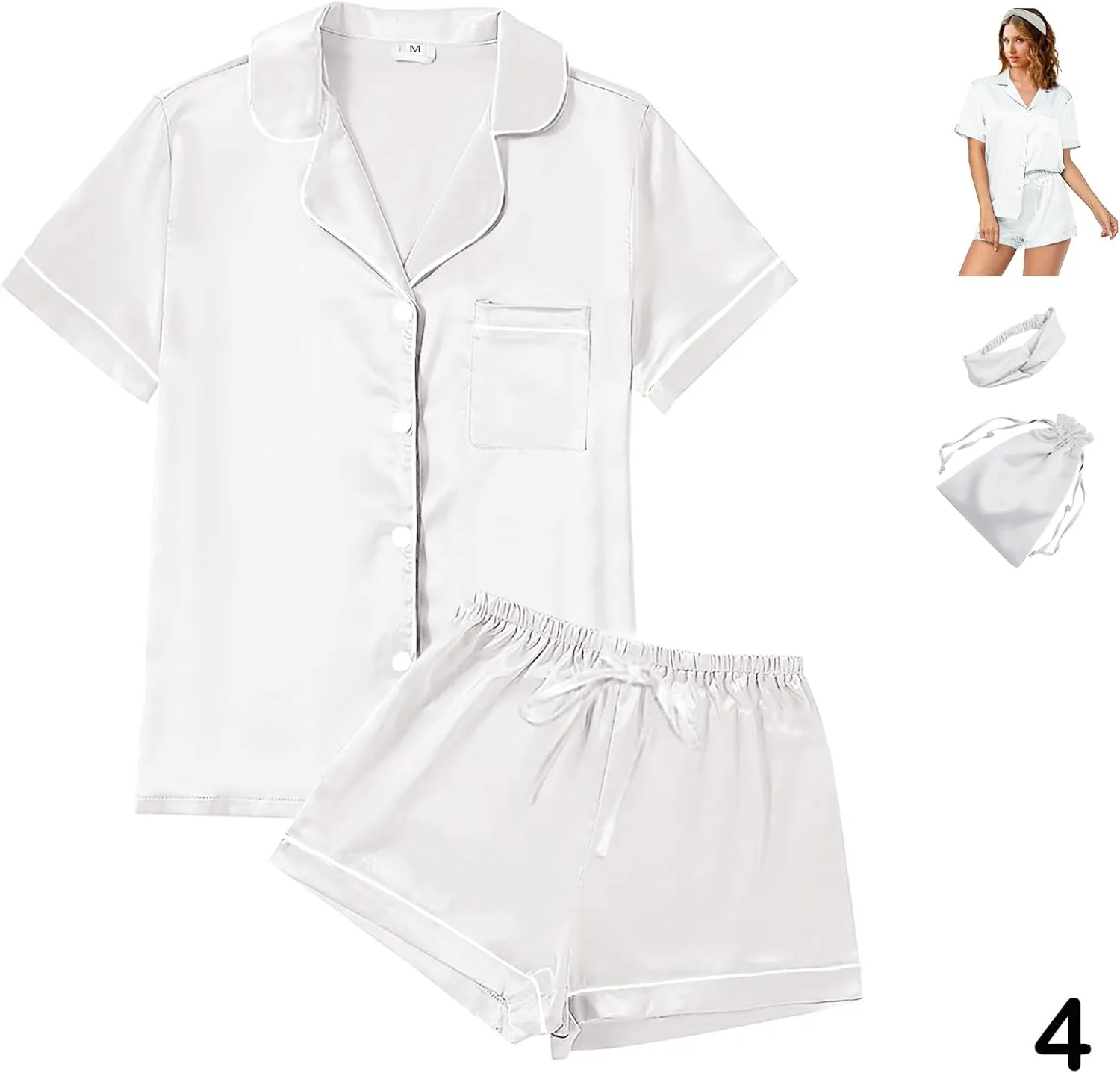 4Pcs Womens Satin Silky Pajama Sets Short Sleeve Shirt XS-4XL Floral Pajamas Set Soft PJ Loungewear Sleepwear