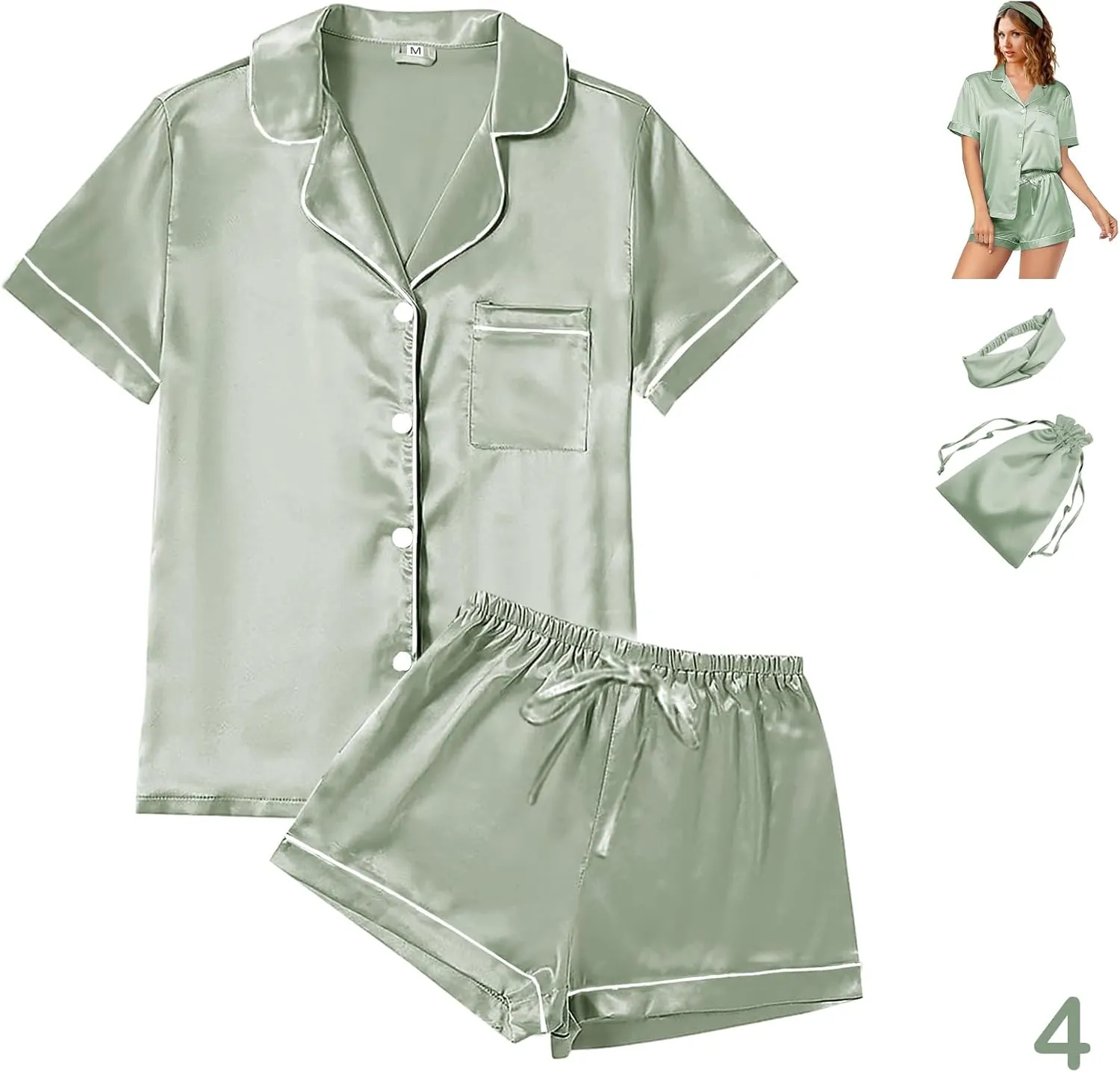 4Pcs Womens Satin Silky Pajama Sets Short Sleeve Shirt XS-4XL Floral Pajamas Set Soft PJ Loungewear Sleepwear
