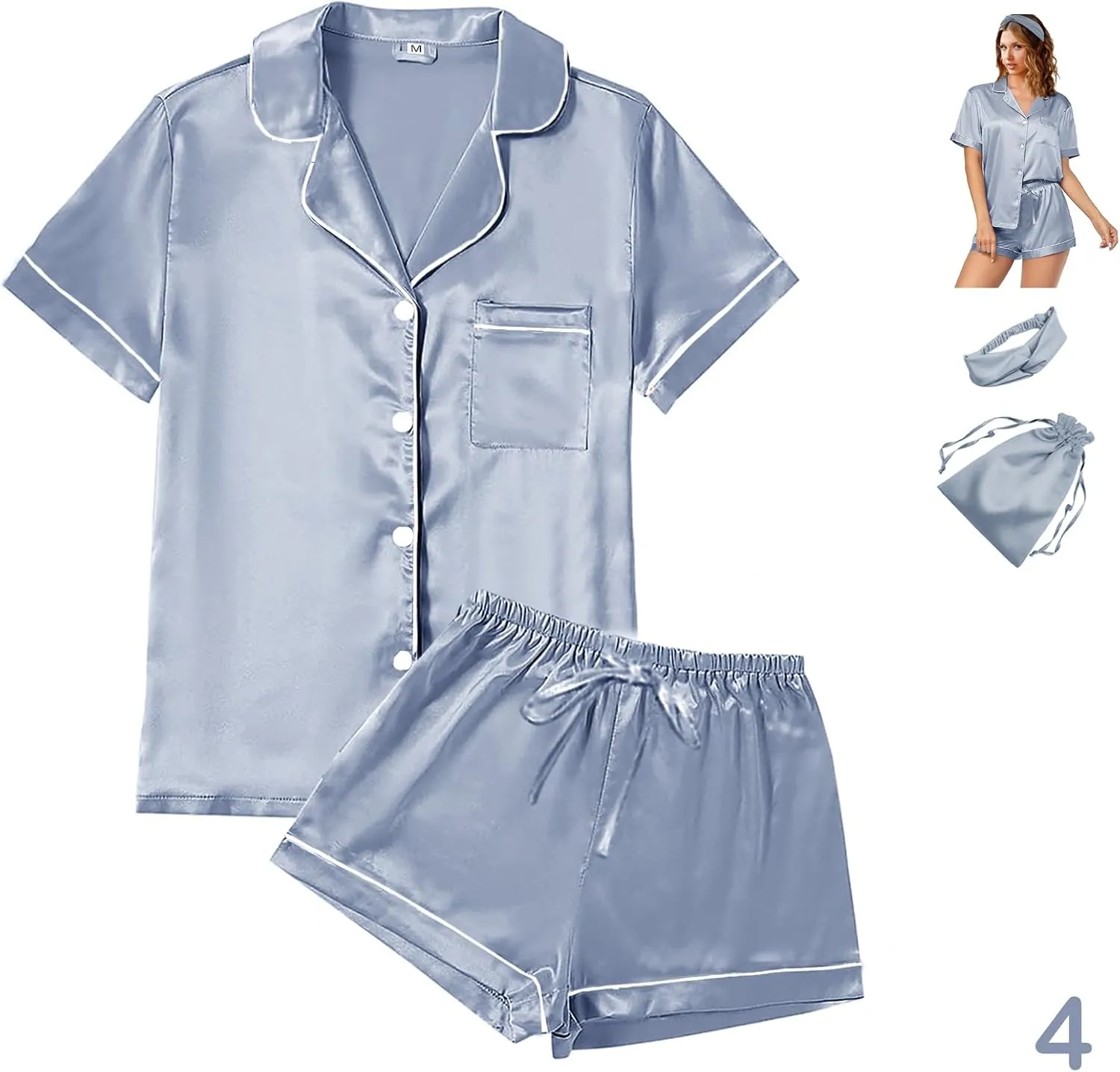 4Pcs Womens Satin Silky Pajama Sets Short Sleeve Shirt XS-4XL Floral Pajamas Set Soft PJ Loungewear Sleepwear