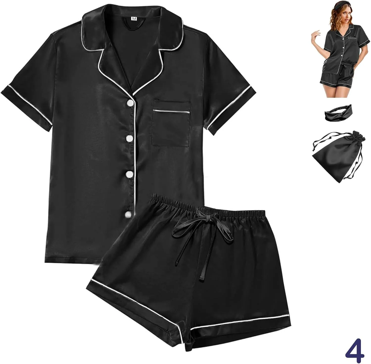 4Pcs Womens Satin Silky Pajama Sets Short Sleeve Shirt XS-4XL Floral Pajamas Set Soft PJ Loungewear Sleepwear
