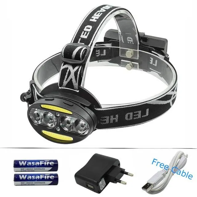 4*XM-L T6  2*COB 2*Red LED Headlight Headlamp Rechargeable Head Lamp Fishing Torch Light Outdoor Lighting  18650 Battery Charger