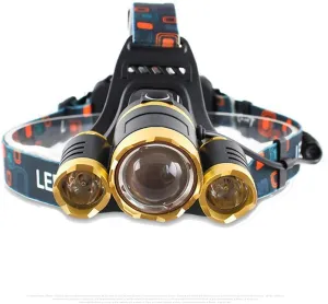 5000 Lumens Max Headlamp,3 LED 4 Modes Headlight, Hands-Free Water-Resistant Flashlight, Power Bank, Rechargeable Led Head lamp for Outdoor Sports Not Included 2 Lithium Batteries (Gold)