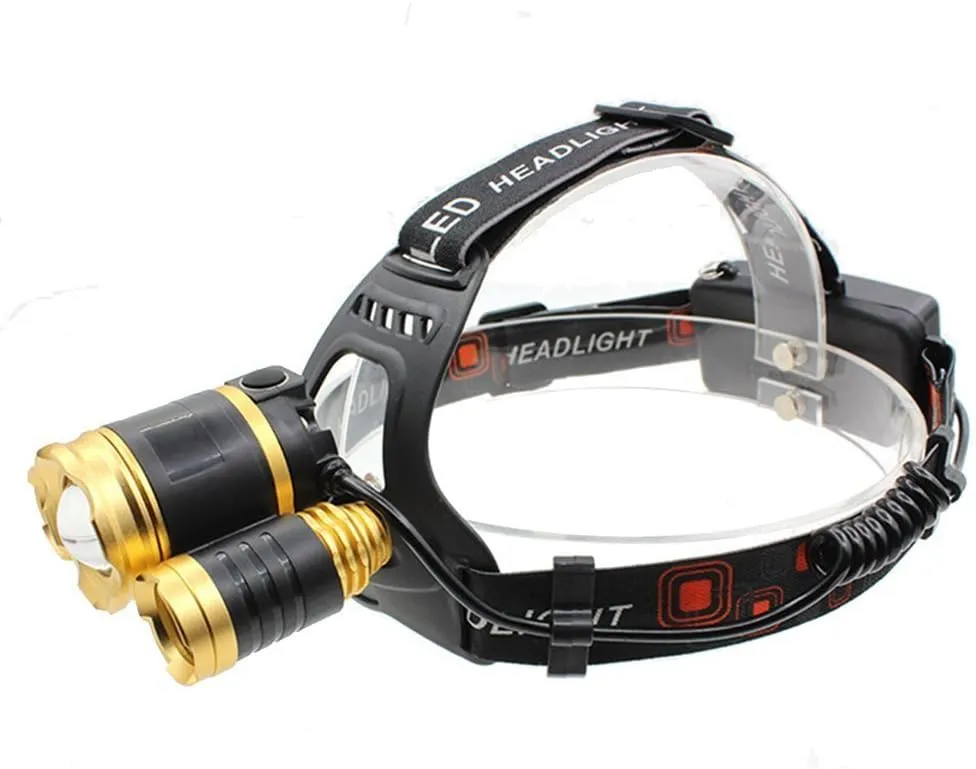 5000 Lumens Max Headlamp,3 LED 4 Modes Headlight, Hands-Free Water-Resistant Flashlight, Power Bank, Rechargeable Led Head lamp for Outdoor Sports Not Included 2 Lithium Batteries (Gold)