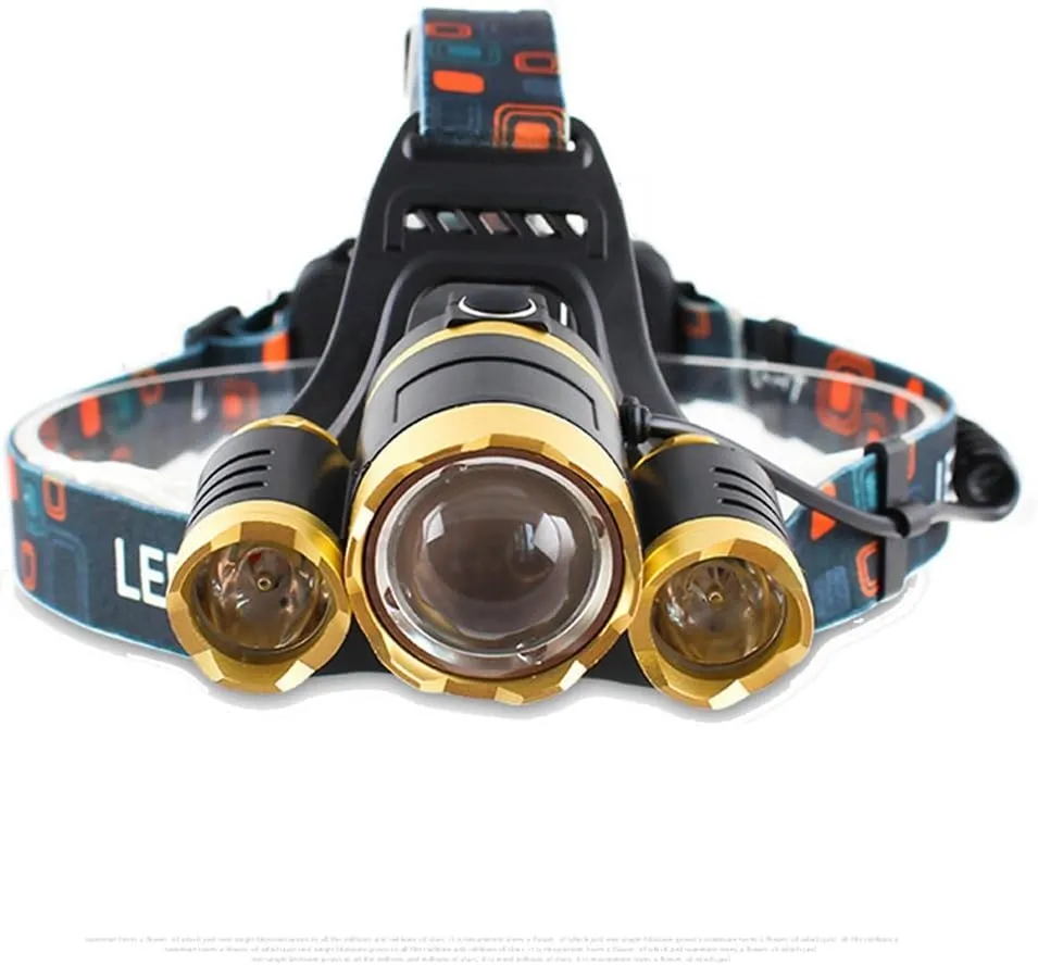 5000 Lumens Max Headlamp,3 LED 4 Modes Headlight, Hands-Free Water-Resistant Flashlight, Power Bank, Rechargeable Led Head lamp for Outdoor Sports Not Included 2 Lithium Batteries (Gold)