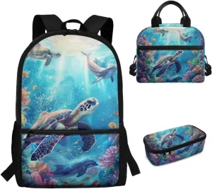 5th Grade School Bag Girls Age 10 Kids Tutrle Backpack Lunchbox Set 17 Inch Lightweight Bookbag 3 Piece School Supplies Ergonomic Support Blue