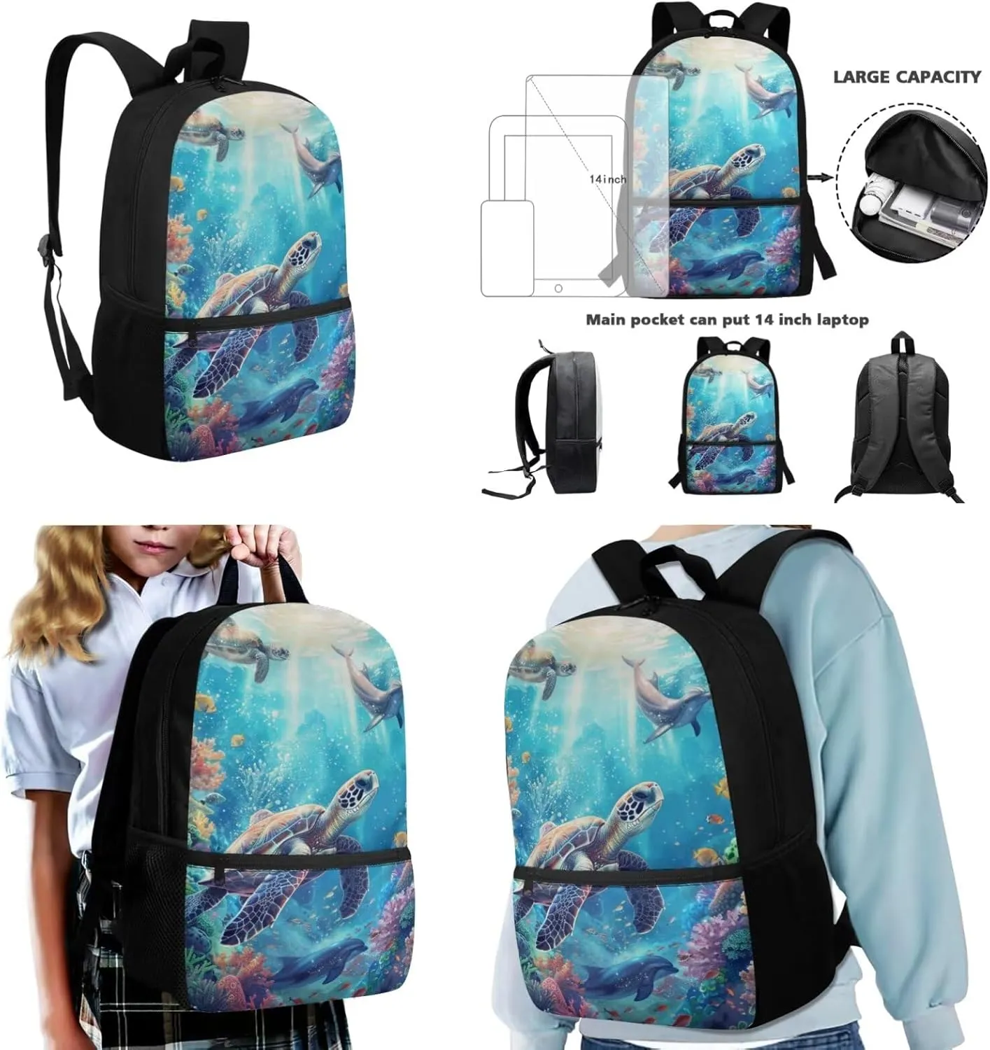 5th Grade School Bag Girls Age 10 Kids Tutrle Backpack Lunchbox Set 17 Inch Lightweight Bookbag 3 Piece School Supplies Ergonomic Support Blue