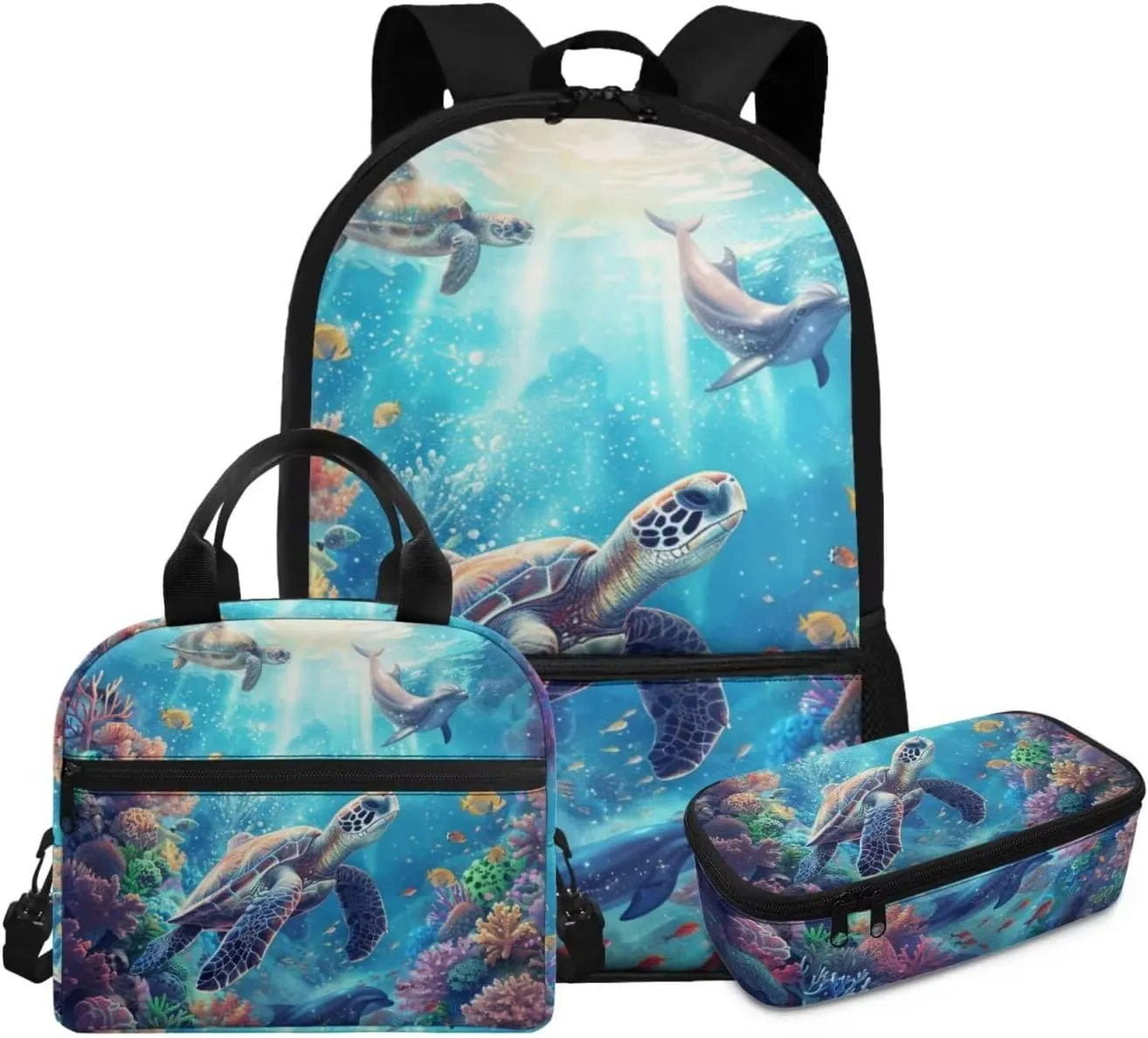 5th Grade School Bag Girls Age 10 Kids Tutrle Backpack Lunchbox Set 17 Inch Lightweight Bookbag 3 Piece School Supplies Ergonomic Support Blue