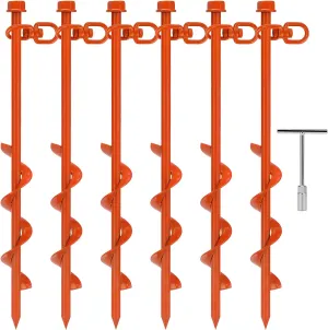 6 Pcs Ground Anchors Screw in, 12 Inch Heavy Duty Trampoline Anchor Kit Carport Anchors with T Handle Wrench Earth Anchor Ground Stakes Tent Stakes Swing Set Anchors High Wind (Orange)