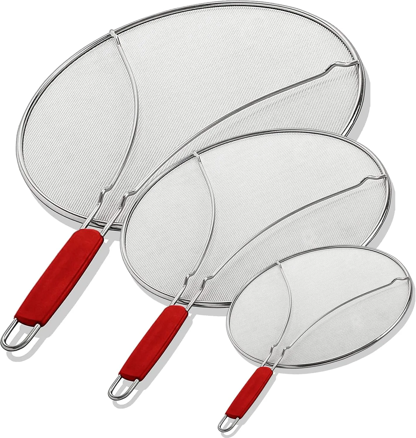 60134ST Set of 3 Splatter Screens – 13", 11.5", and 9.5" Stainless Steel Fine Mesh, Comfort Grip Handles – Grease & Oil Guard for Frying Pans, Boiling Pots, Safe Cooking Lid Set of 3