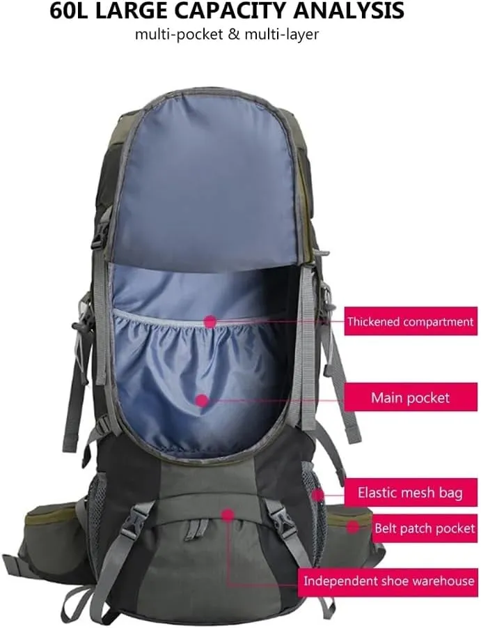 60L Large Hiking Mountaineering Backpack Climbing Hiking Backpack Camping Backpack Sport Outdoor Bag